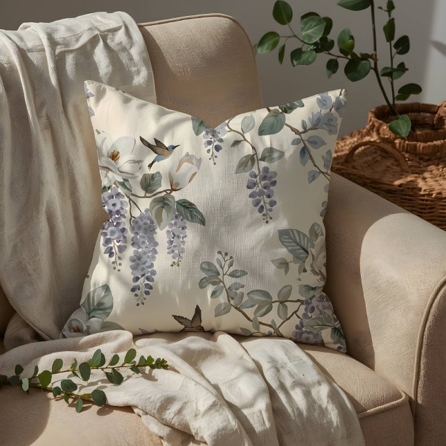 Coussin Chinoiserie Élégante Fleurs et Oiseaux (Créateur téléchargé)