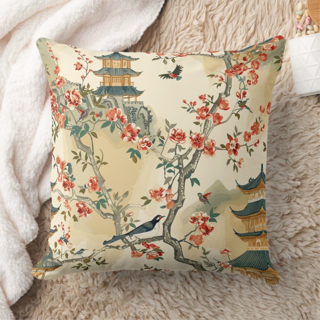 Coussin Chinoiserie Élégante - Pagodes, Fleurs et Oiseaux (Couverture)