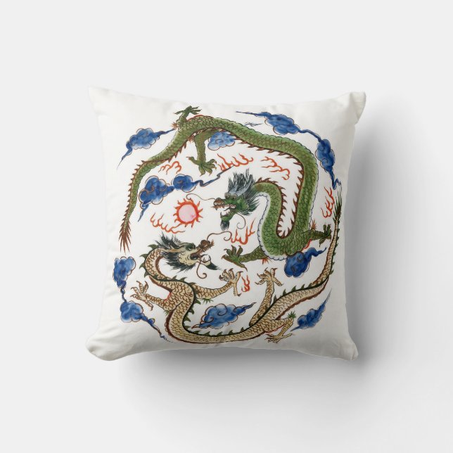 Coussin Chinoiserie Famille Verte Dragons  (Recto)