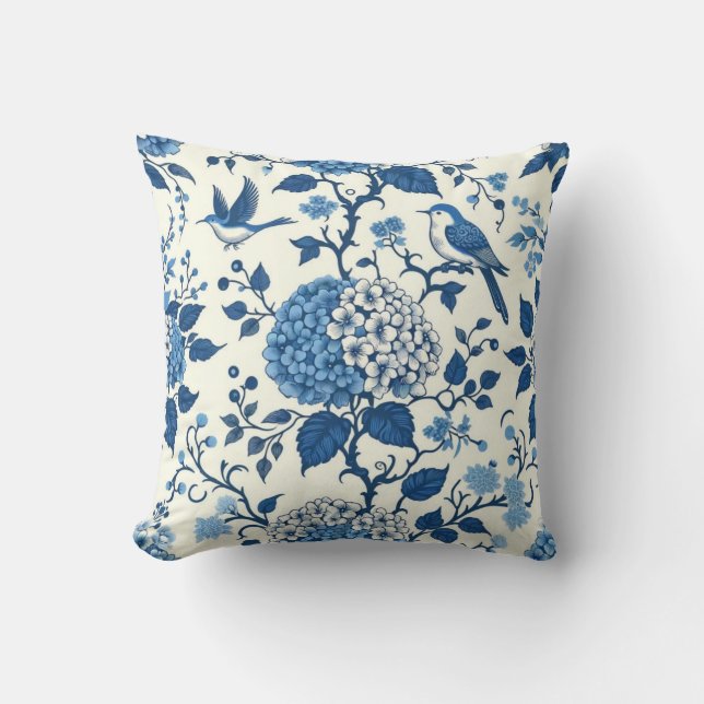 Coussin Chinoiserie Fleurs et oiseaux bleus et blancs (Recto)