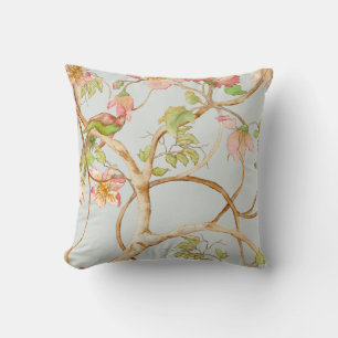 Coussin Chinoiserie Floral Dusty Blue Pink Peony Bird Tree