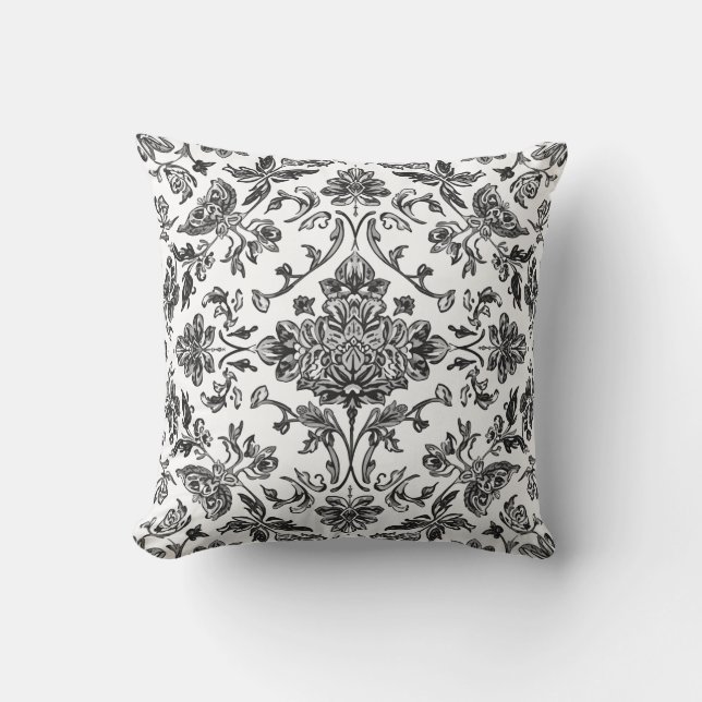 Coussin Chinoiserie Florale Aquarelle Noir & Blanc (Recto)