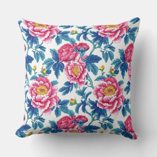 Coussin Chinoiserie florale de pivoine sarcelle et rose vi