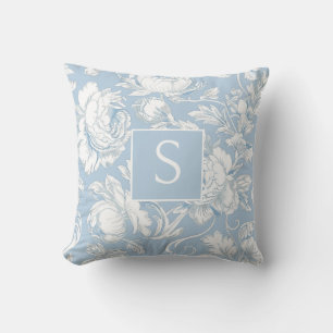 Coussin Chinoiserie florale en monogramme bleu clair