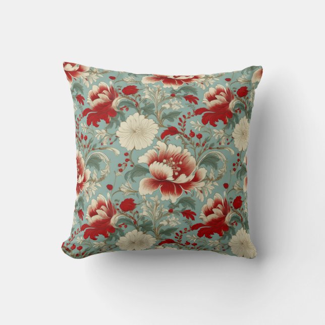 Coussin Chinoiserie florale rouge, crème et verte (Recto)