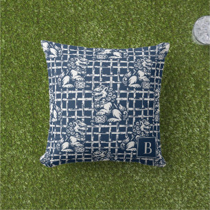 Coussin Chinoiserie Foo Dog - Treillis de bambou marine