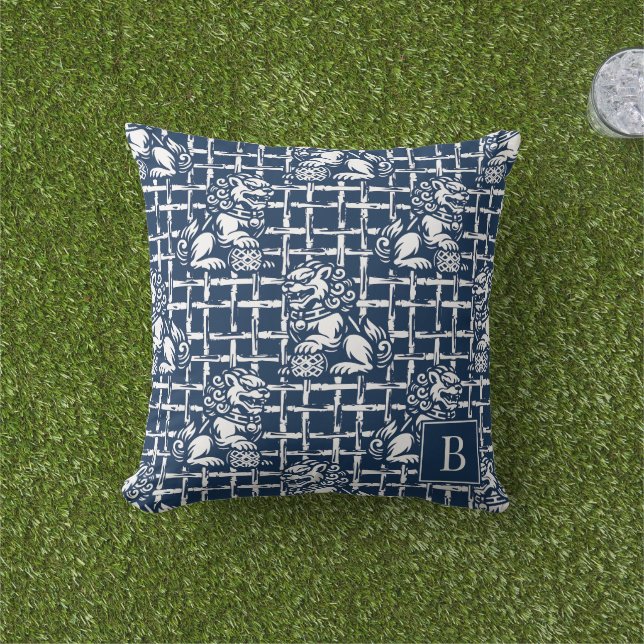 Coussin Chinoiserie Foo Dog - Treillis de bambou marine  (Herbe)
