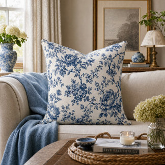 Coussin Chinoiserie française bleue toile de Jouy florale