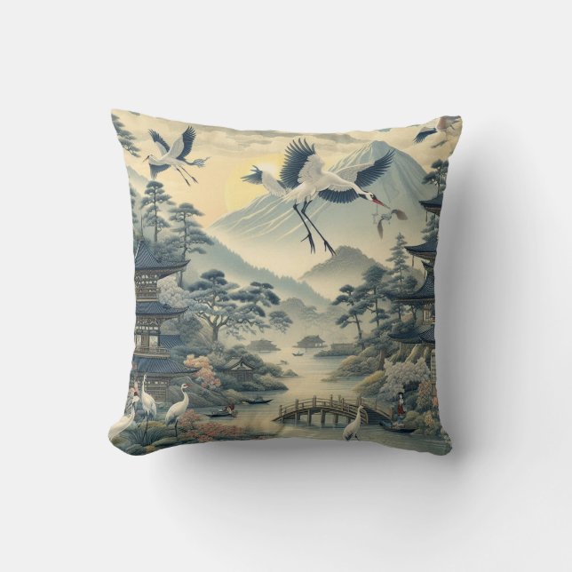 Coussin Chinoiserie Grue Oiseau Pagode Paysage Motif (Recto)