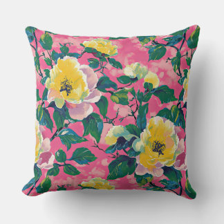 Coussin Chinoiserie impressionniste rose et jaune Floral