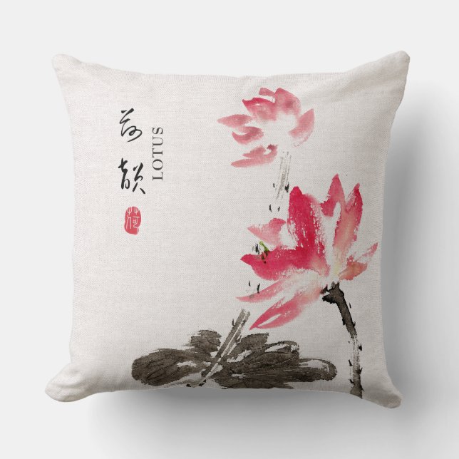 Coussin Chinoiserie Libre Aquarelle Lotus Fleurs (Recto)