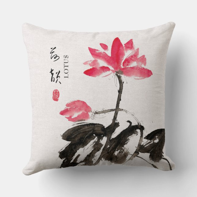 Coussin Chinoiserie Libre Aquarelle Lotus Fleurs (Verso)
