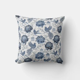 Coussin Chinoiserie motif floral bleu oiseaux et pagode