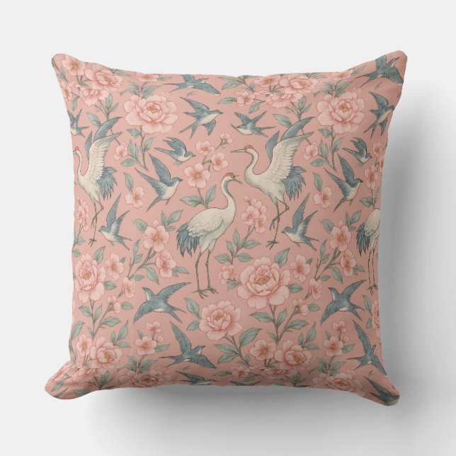 Coussin Chinoiserie Oiseaux et fleurs de cerisiers (Recto)