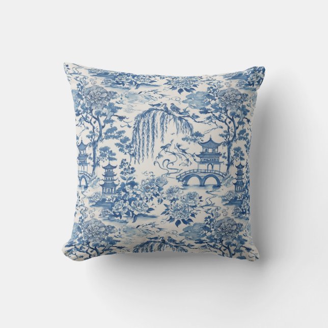 Coussin Chinoiserie Pagoda and Birds Blue Floral Design (Recto)
