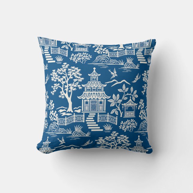 Coussin Chinoiserie Pagoda Royal Blue Thaillow (Recto)
