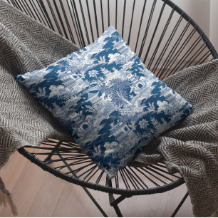 Coussin Chinoiserie Paysage Peinture Bleu Blanc