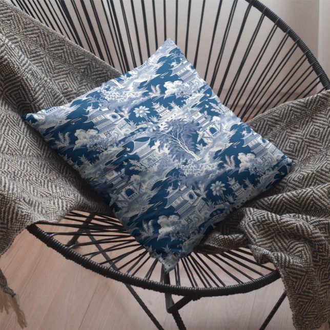 Coussin Chinoiserie Paysage Peinture Bleu Blanc (Créateur téléchargé)