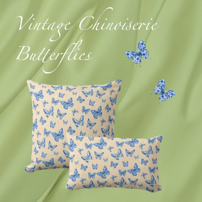 Coussin Chinoiserie Rétro Papillons bleus Blush Ivor (Créateur téléchargé)