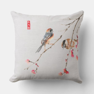 Coussin Chinoiserie rustique Aquarelle Oiseau peinture Fle