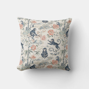 Coussin Chinoiserie Singe et Design Floral Pivoine