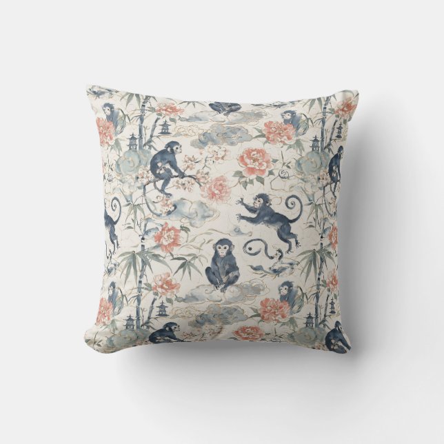 Coussin Chinoiserie Singe et Design Floral Pivoine (Recto)