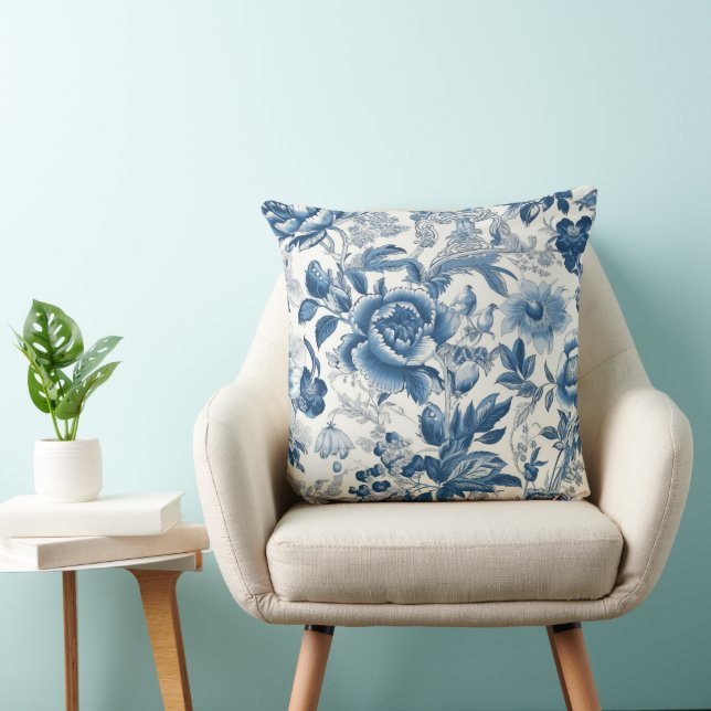 Coussin Chinoiserie Toile Bleu et Blancs pivoines Floral (Chaise)
