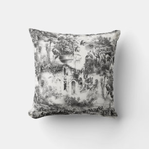 Coussin Chinoiserie toile carreaux en céramique noir et bl