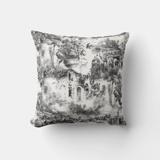 Coussin Chinoiserie toile carreaux en céramique noir et bl (Recto)