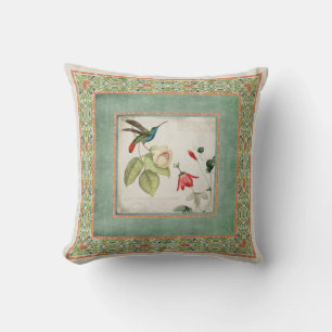 Coussin Chinoiserie Vintage Hummingbirds n Fleurs Corail