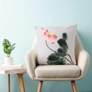 Coussin Chinoiserie Vintage Lave-encre peinture Lotus Flor