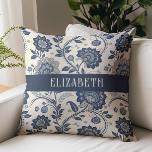Coussin Chintz Floral Victorien Monogramme Nom Bleu Nuit