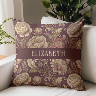 Coussin Chintz Floral Victorien Monogramme Nom Bourgogne