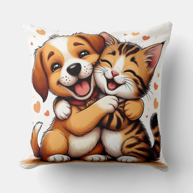 Coussin Chiot adorable et chaton qui s'étreignent avec des (Recto)