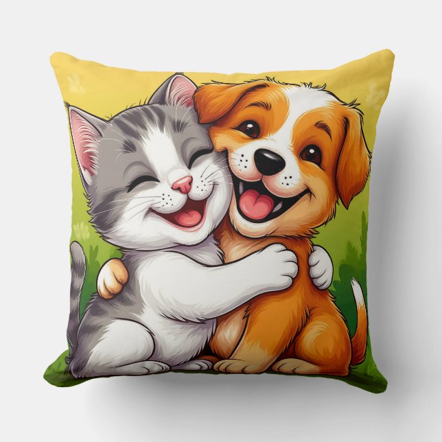 Coussin Chiot adorable et chaton qui s'étreignent avec des (Recto)