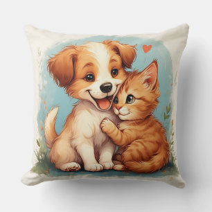Coussin Chiot adorable et chaton s'étreignant