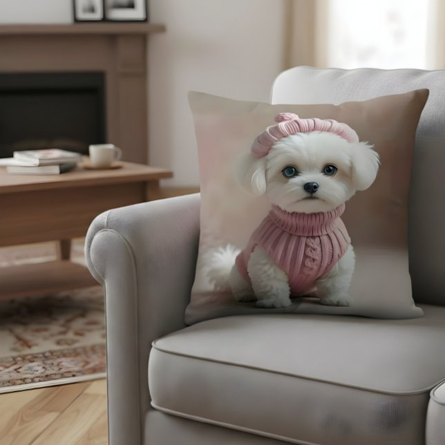 Coussin Chiot blanc mignon en Doux et Casquette rose (Créateur téléchargé)