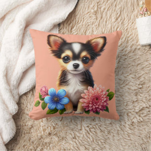 Coussin Chiot Chihuahua avec Fleurs Décoratives