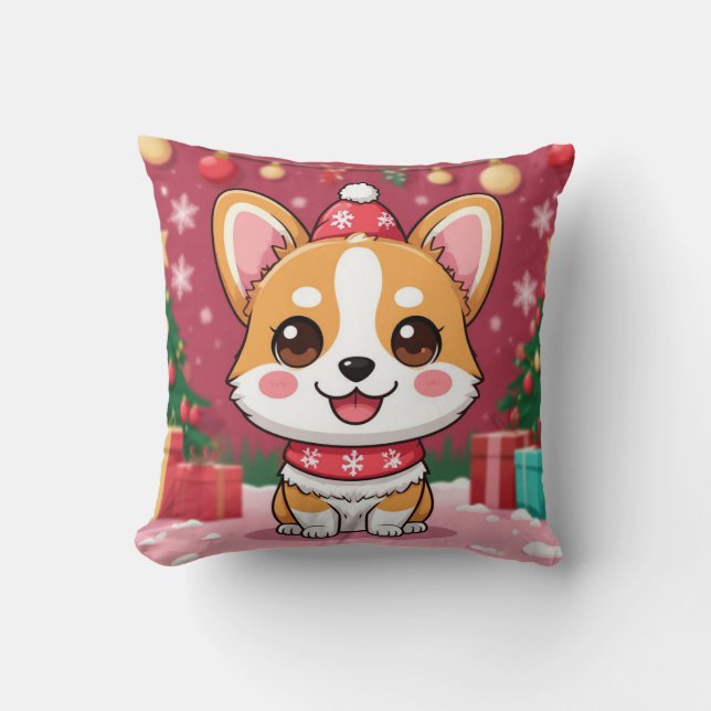 Coussin Chiot Corgi Mignon Avec Cadeaux de Noël (Recto)