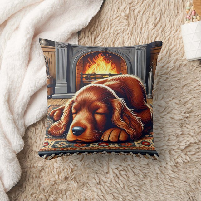 Coussin Chiot de coin irlandais dormant au coin d'une chem (Couverture)