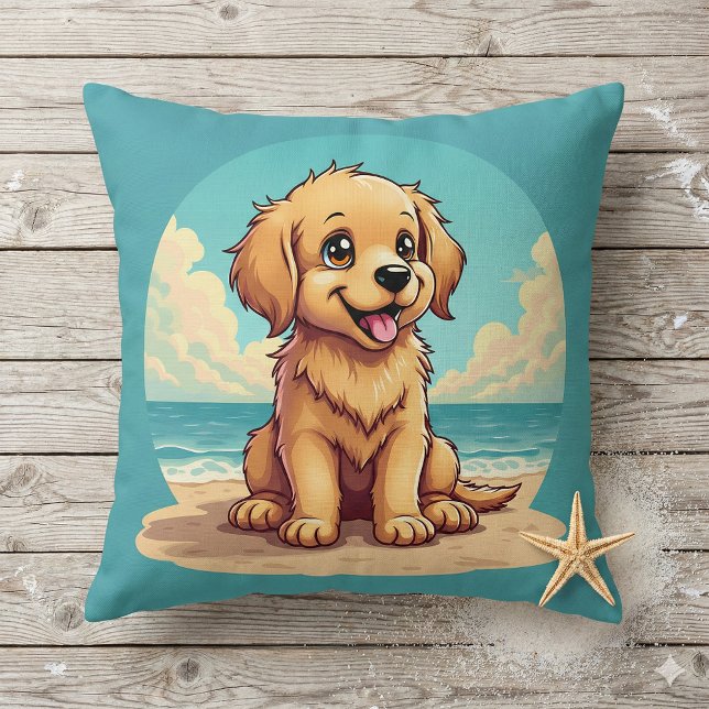 Coussin Chiot doré mignon sur une scène de plage ensoleill (Cute Golden Puppy at Sunny Beach Scene Throw Pillow Mockup A)