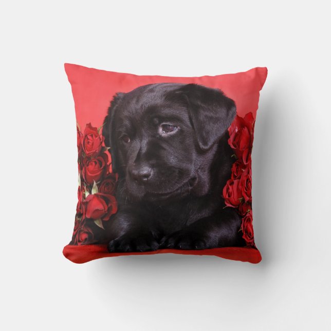 Coussin Chiot du Labrador avec rose (Recto)