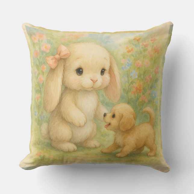Coussin Chiot et lapin avec cou rose, aquarelle par Nat (Recto)