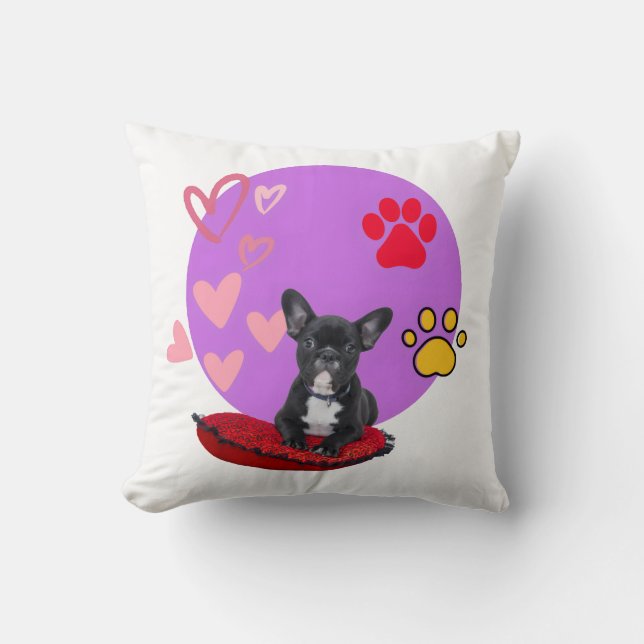 Coussin Chiot Frenchie Adorable avec des Cœurs  (Recto)