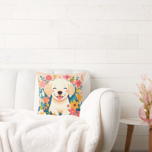 Coussin chiot labrador jaune au milieu des fleurs (Canapé)