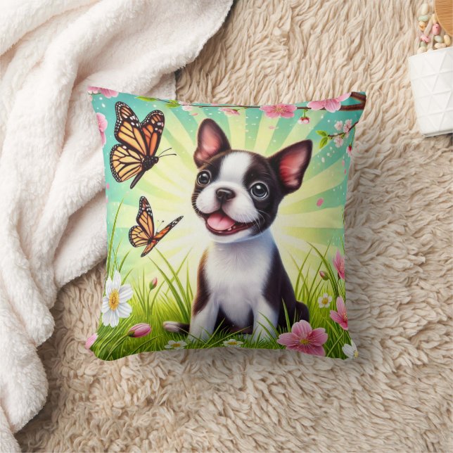 Coussin Chiot mignon avec fleurs et papillons (Couverture)
