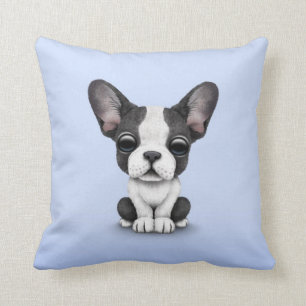 Coussin Chiot mignon de bouledogue français sur bleu-clair
