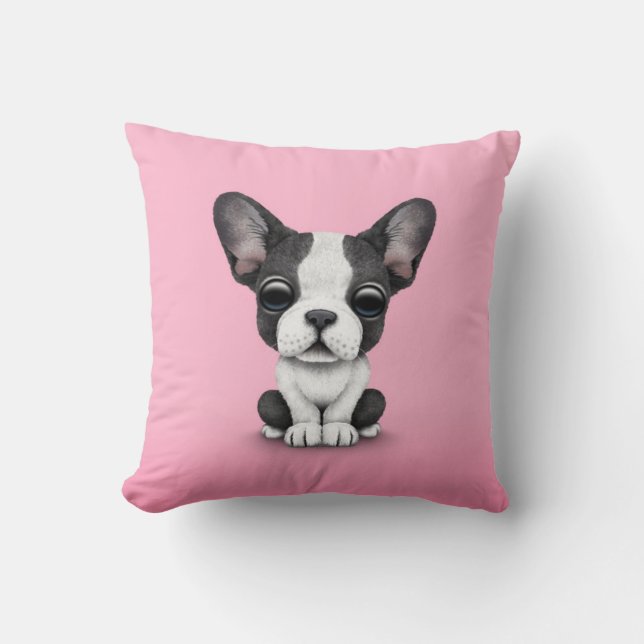 Coussin Chiot mignon de bouledogue français sur le rose (Recto)