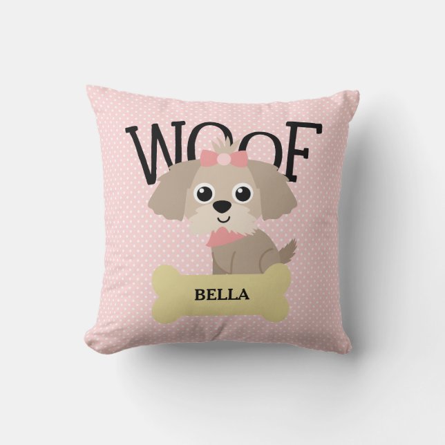 Coussin Chiot mignon de Shih Tzu sur le pois rose (Recto)