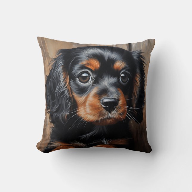 Coussin Chiot noir et tan Cavalier (Recto)